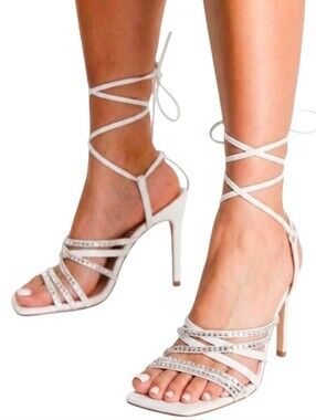 ASOS DESIGN Nina Rhinestone Strappy Tie Leg High Heeled Sandals - Size 7